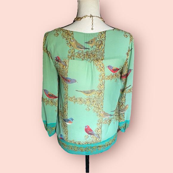 Vanessa Virginia Silk ANTHROPOLOGIE Green Blouse Top Bird Baroque Womens S 4 - Picture 7 of 9